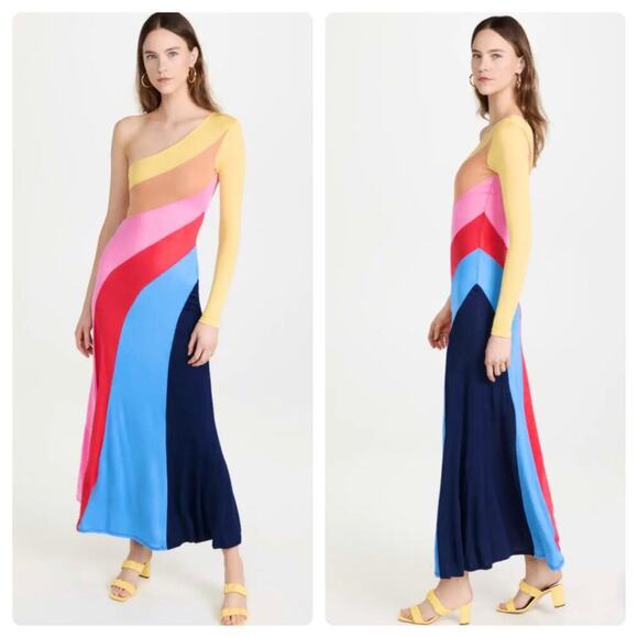 STAUD Dress Serena Maxi One Shoulder Sleeve Colorblock Stripe Capri Multi S - Picture 10 of 10